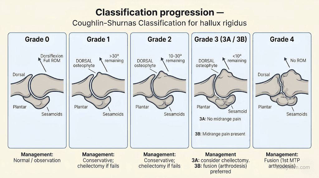 Coughlin-Shurnas classification of hallux rigidus showing progressive 1st MTP joint changes from Grade 0 normal through Grade 4 end-stage with dorsal osteophytes joint space narrowing and management implications at each stage