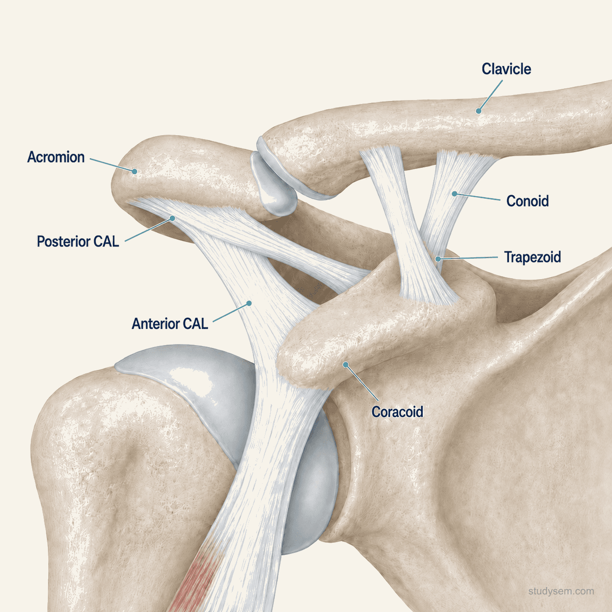 Anatomical diagram of the acromioclavicular joint stabilisers: the AC ligament providing horizontal stability and the conoid and trapezoid coracoclavicular ligaments providing vertical stability between the distal clavicle and acromion.