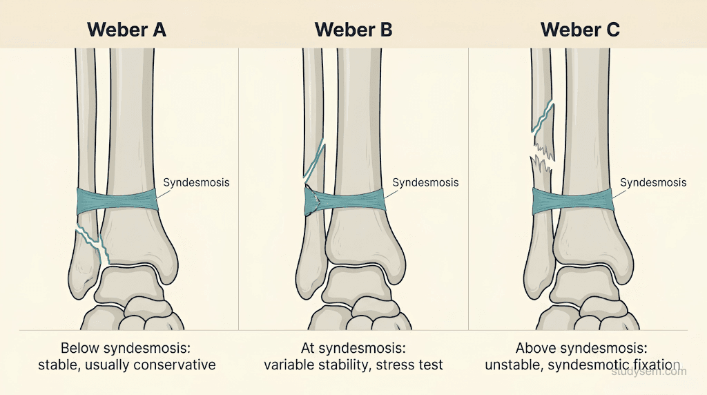 Weber classification diagram showing fibula fracture levels A below the syndesmosis, B at the syndesmosis, and C above the syndesmosis, with implications for syndesmotic disruption and mortise stability