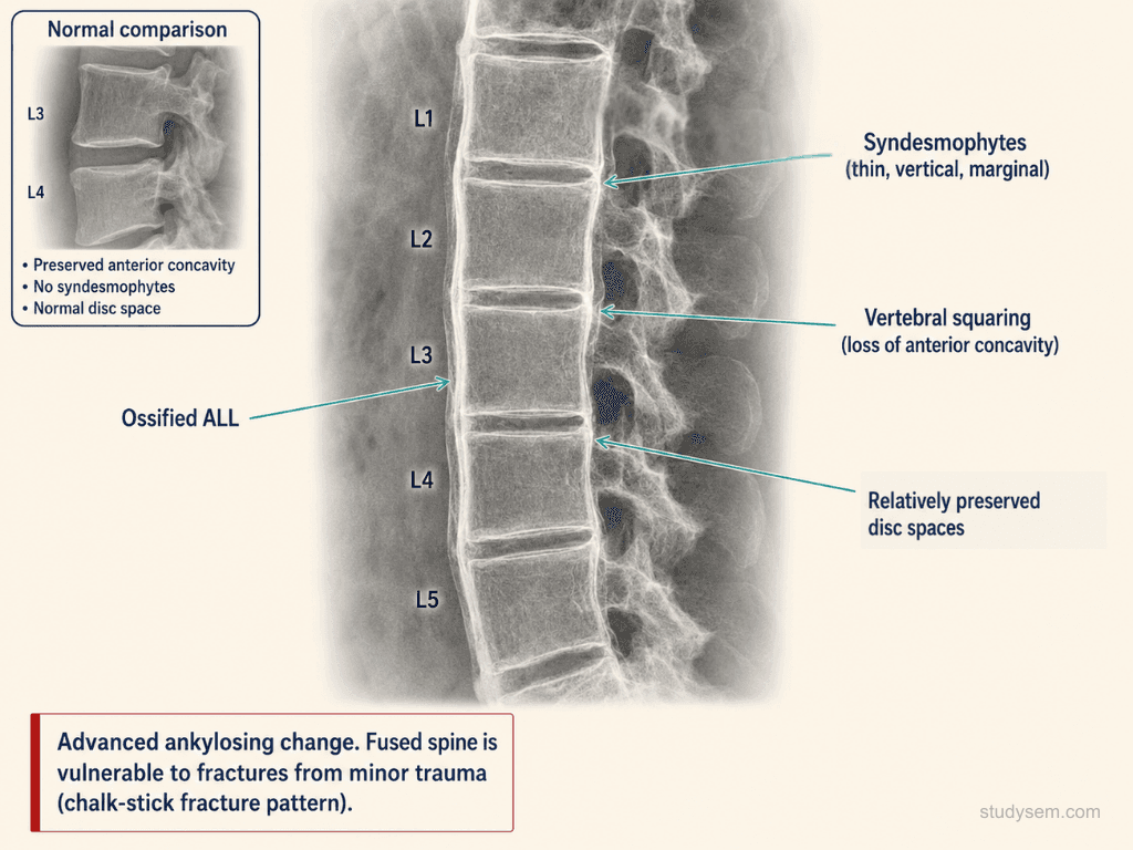 Lateral lumbar spine radiograph in advanced ankylosing spondylitis showing flowing marginal syndesmophytes bridging contiguous vertebral bodies, producing the bamboo spine appearance with squared vertebrae