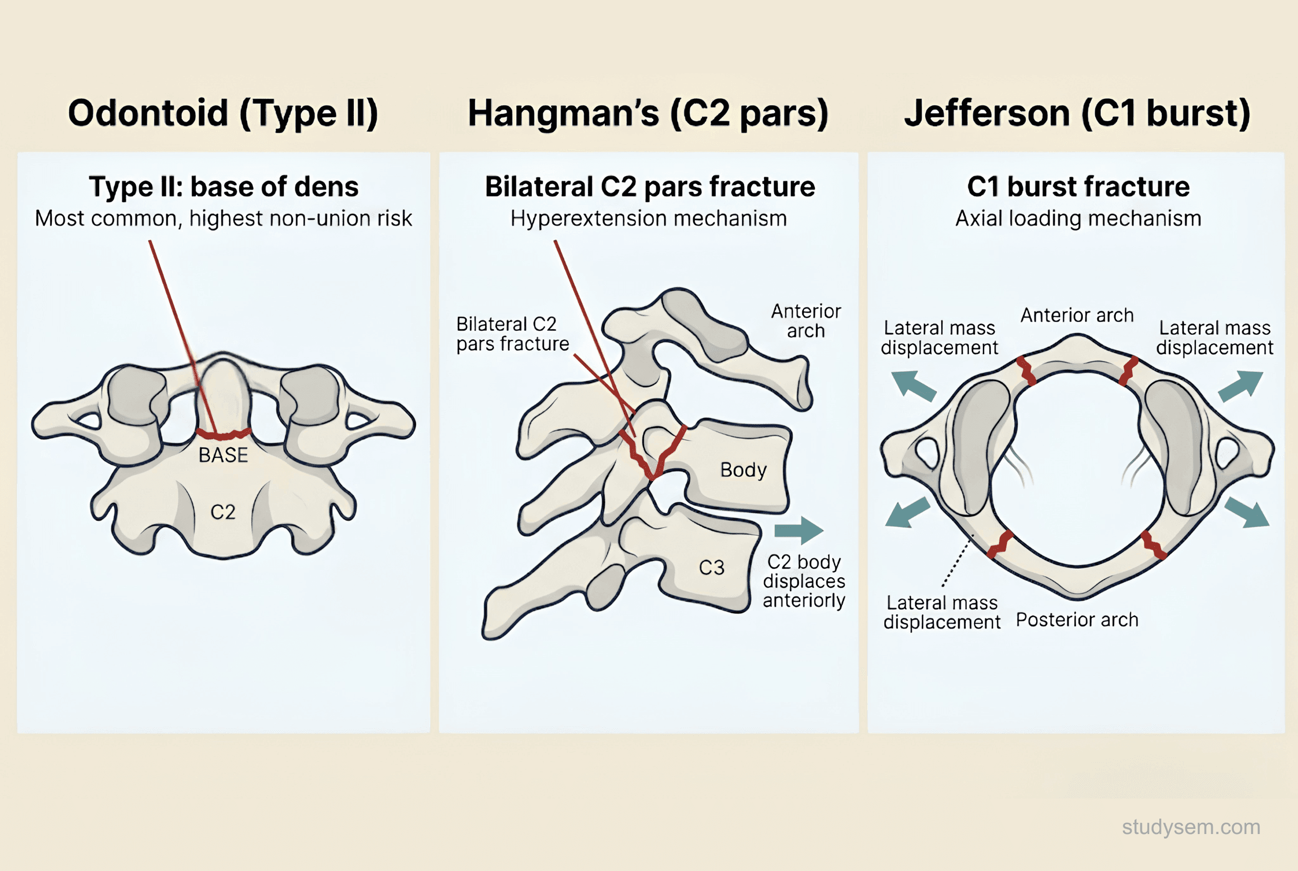 Three-panel diagram of classic upper cervical fractures showing odontoid Type II at the base of the dens, Hangman bilateral C2 pars fracture, and Jefferson C1 burst fracture