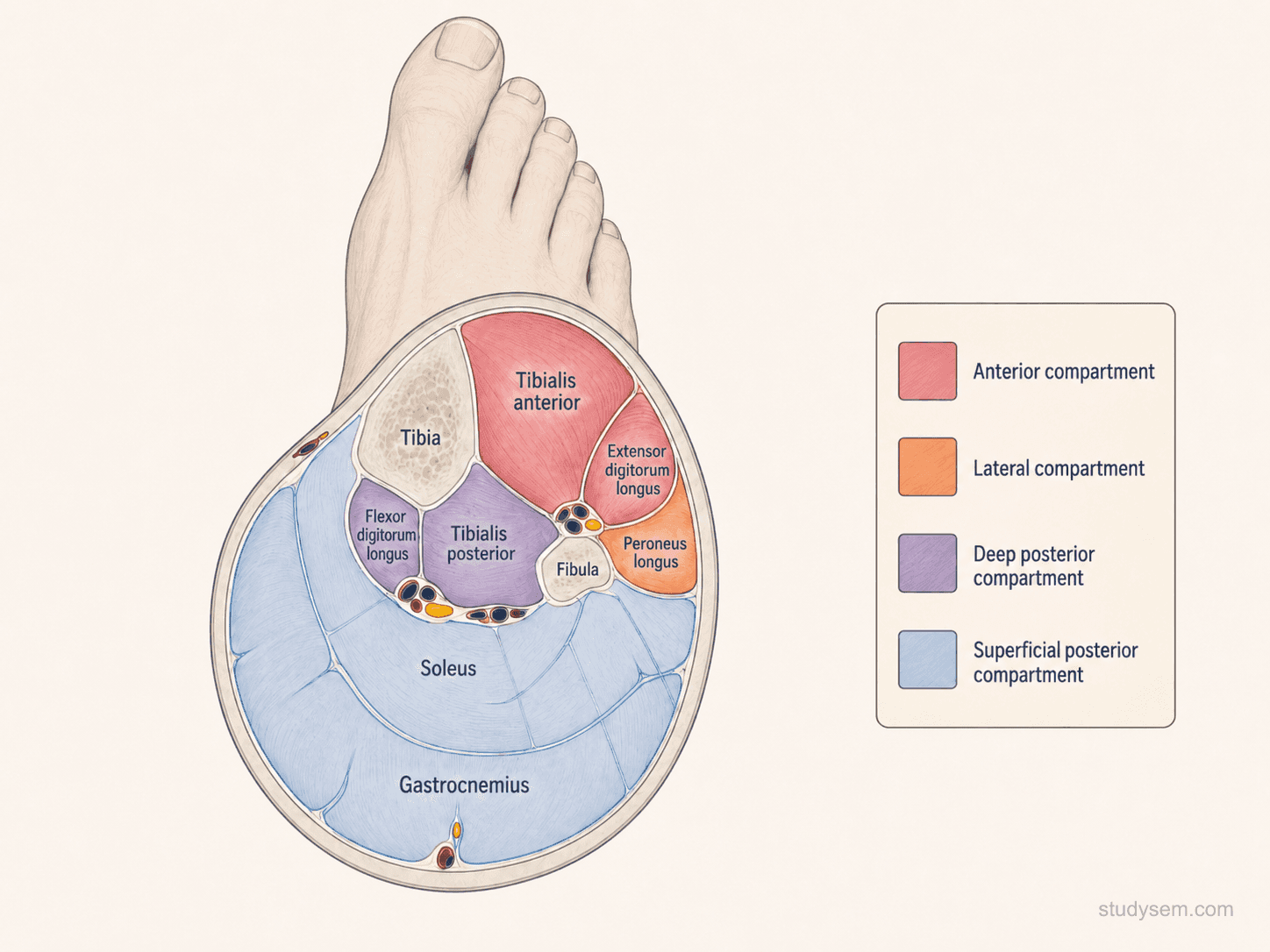 Cross-section of the lower leg showing the four compartments (anterior, lateral, superficial posterior, deep posterior) with key muscles and nerves labelled and the anterior compartment highlighted as most commonly affected by CECS