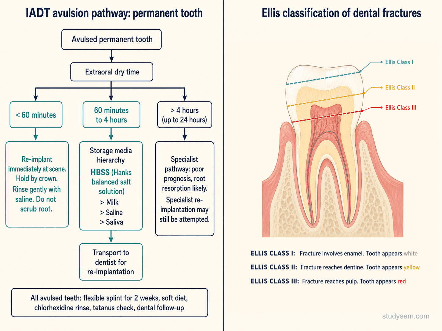 IADT pathway for avulsed permanent tooth alongside the Ellis crown fracture classification (Ellis I enamel only, Ellis II enamel-dentine, Ellis III complicated with pulp exposure), showing the 5 to 15 minute re-implantation window and storage media hierarchy (HBSS, milk, saliva, saline, cling film)