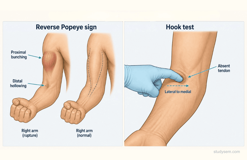 Reverse Popeye sign showing proximal bunching of the biceps belly after distal rupture and positive hook test with absent cord-like tendon in the antecubital fossa.
