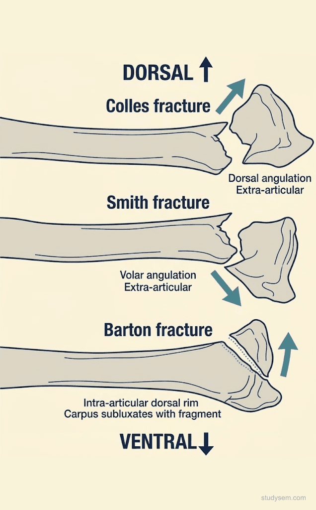 Three-panel lateral wrist diagram comparing Colles fracture with dorsal angulation, Smith fracture with volar angulation, and Barton's fracture with intra-articular dorsal rim fragment and carpal subluxation.