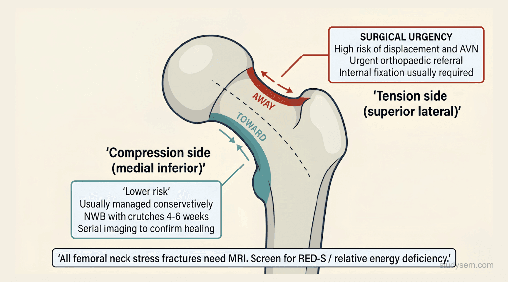 Coronal view of the proximal femur showing compression-side stress fracture at the medial inferior femoral neck versus tension-side stress fracture at the superior lateral femoral neck with management implications