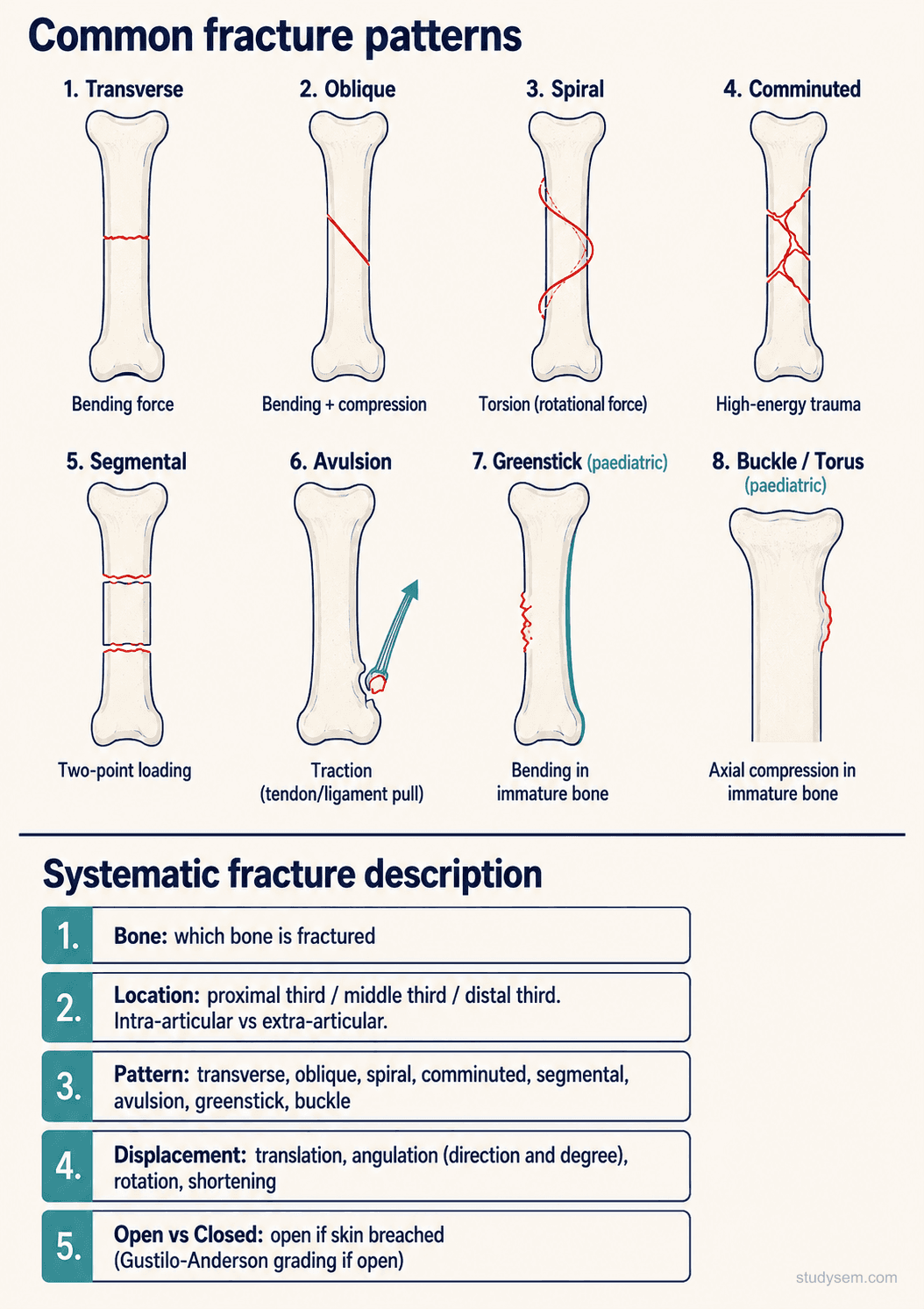 Common fracture patterns diagram (transverse, oblique, spiral, comminuted, segmental, avulsion, greenstick, buckle) with the systematic fracture description approach: bone, location, pattern, displacement, and open vs closed.