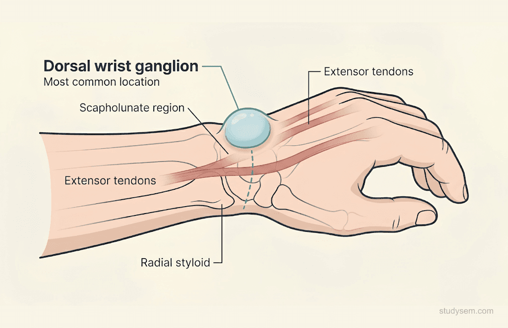 Dorsal wrist ganglion overlying the scapholunate region presenting as a smooth round transilluminant swelling on the dorsum of the wrist.