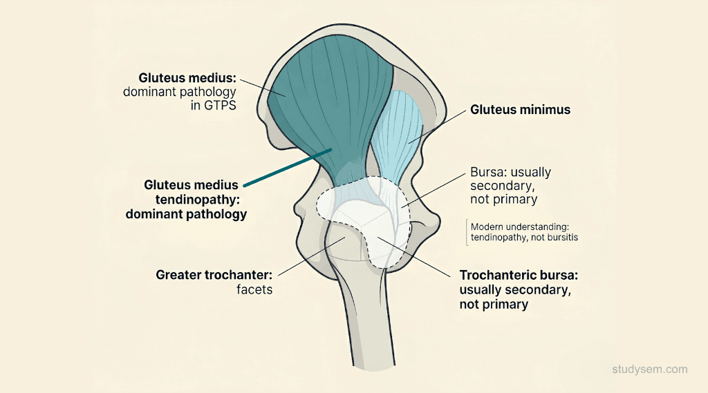 Lateral view of the greater trochanter showing gluteus medius and minimus tendon insertions with overlying trochanteric bursa, highlighting tendinopathy as the dominant pathology