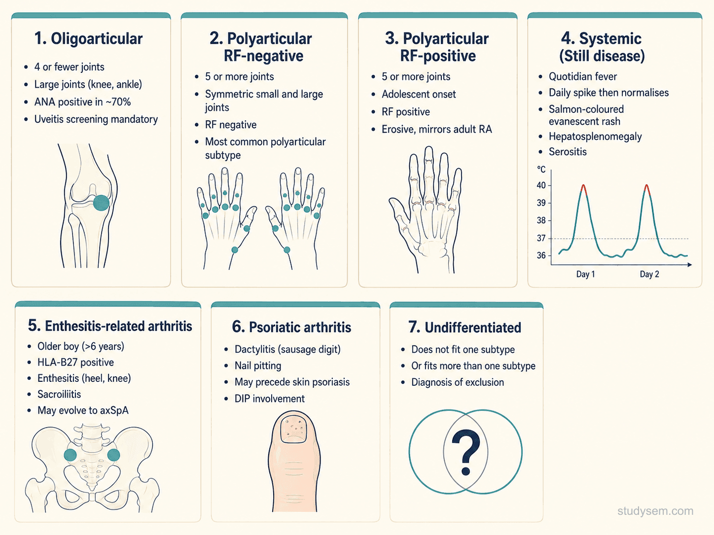 Summary diagram of the ILAR juvenile idiopathic arthritis subtypes: oligoarticular (4 joints or fewer, knee predominant, ANA-positive, highest chronic uveitis risk); polyarticular RF-negative (5 or more joints, symmetric); polyarticular RF-positive (mirrors adult RA, erosive); systemic (Still disease, quotidian fever with salmon-pink rash, MAS risk); enthesitis-related arthritis (older boys, HLA-B27, sacroiliitis); psoriatic; and undifferentiated. The diagram cross-references subtype-driven uveitis screening intensity and biologic choice.