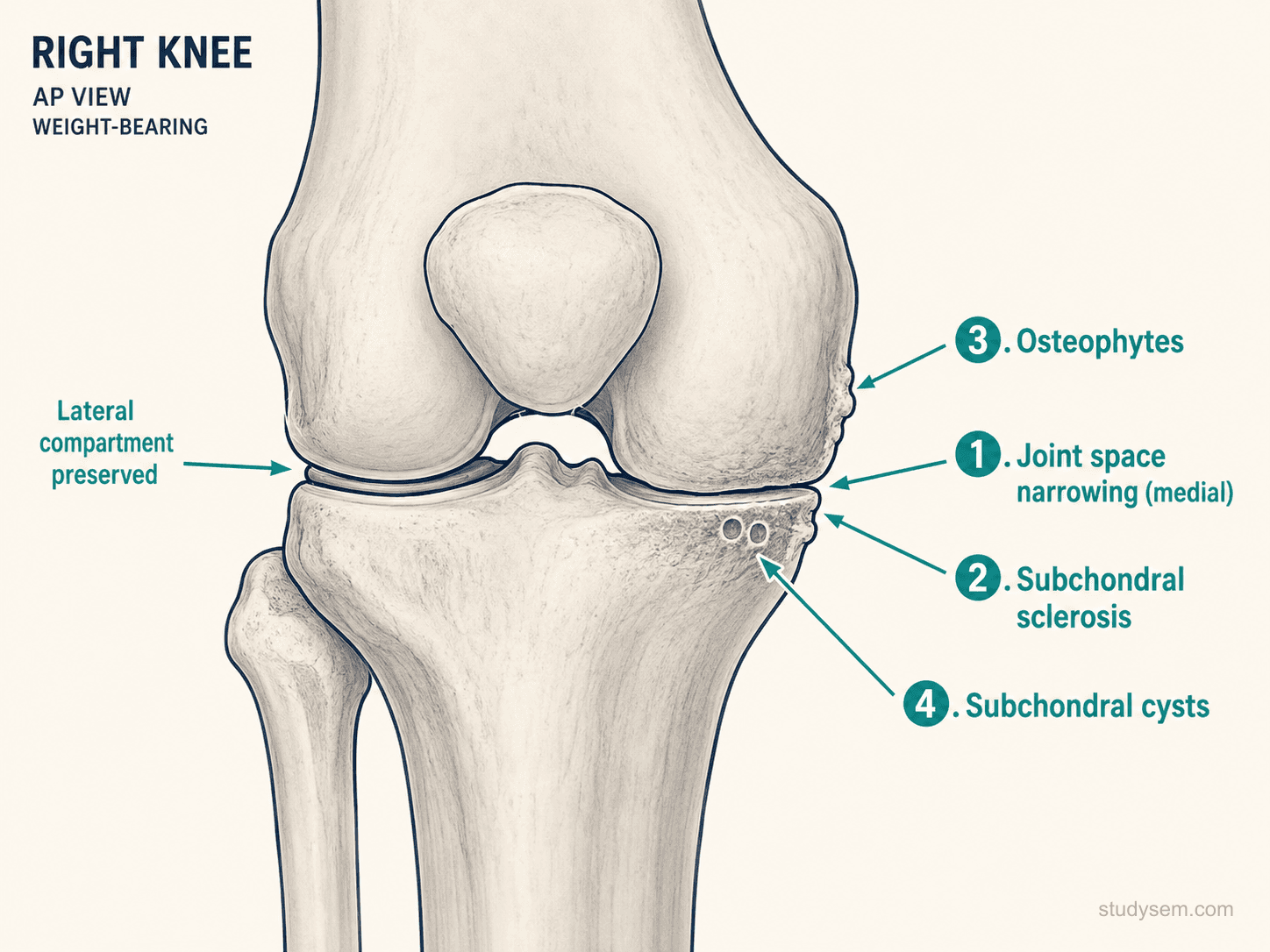AP knee X-ray showing four cardinal features of osteoarthritis: joint space narrowing, subchondral sclerosis, osteophytes, and subchondral cysts