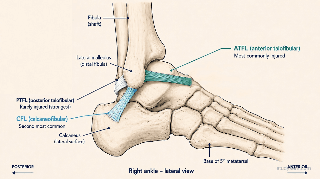 Lateral view of the ankle showing the three lateral ligaments: ATFL labelled as most commonly injured, CFL as second most common, and PTFL as rarely injured with an inversion mechanism arrow