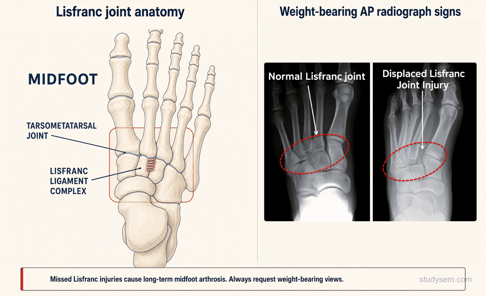 Lisfranc ligament anatomy showing the oblique ligament from the medial cuneiform to the base of the 2nd metatarsal, paired with a weight-bearing AP foot radiograph demonstrating the fleck sign in the 1st-2nd metatarsal interspace and loss of medial alignment of the 2nd metatarsal with the middle cuneiform