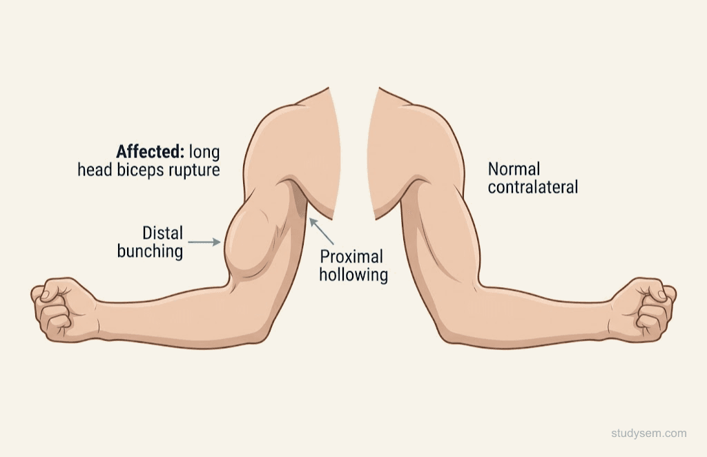 Popeye sign showing distal bunching of the biceps muscle belly after long head of biceps rupture compared to a normal contralateral arm.