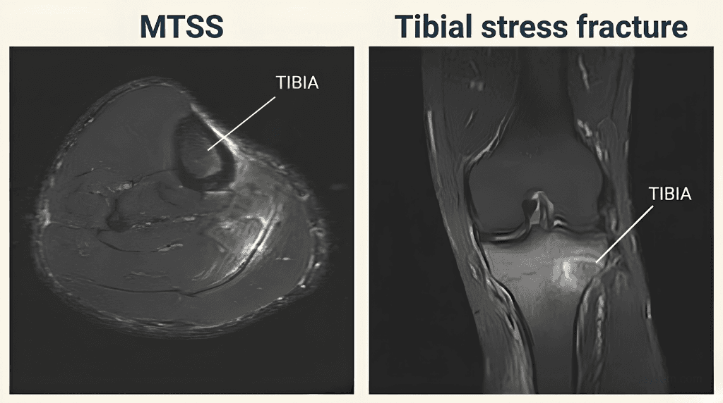 AI-generated MRI comparison showing MTSS with diffuse periosteal oedema along the posteromedial tibial border versus tibial stress fracture with a focal cortical fracture line and marrow oedema