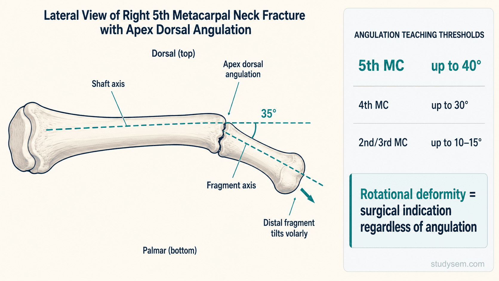 Lateral view of a 5th metacarpal neck fracture showing apex dorsal angulation with thresholds for conservative management by metacarpal and rotational deformity as a surgical indication.