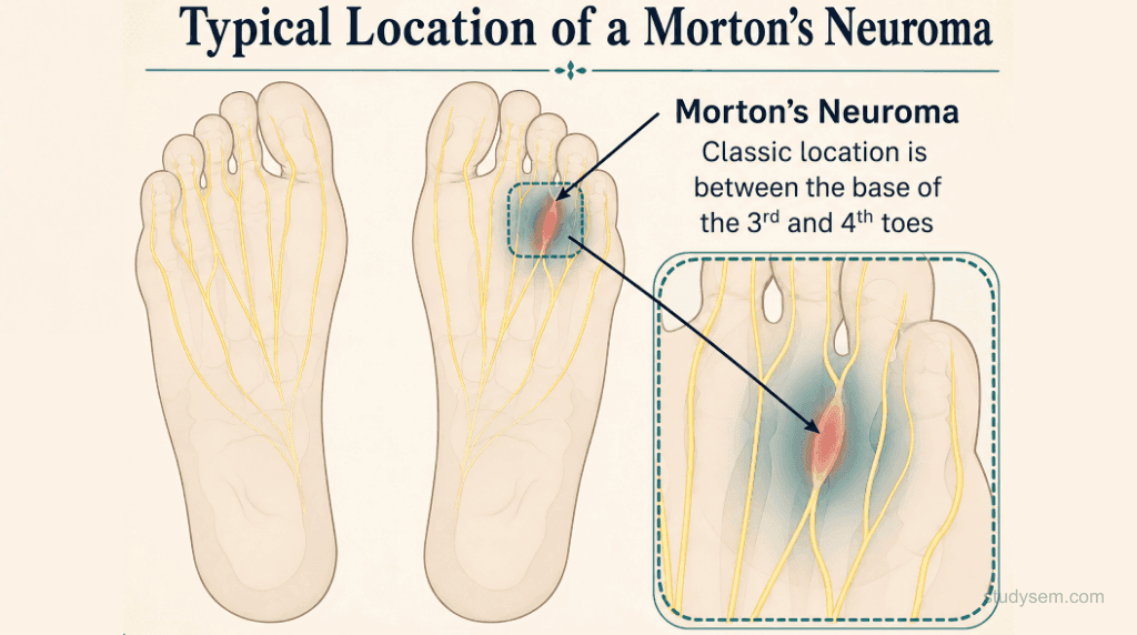 Plantar view of the forefoot showing intermetatarsal nerves with a focal neuroma enlargement in the 3rd web space between the 3rd and 4th metatarsal heads and the transverse metatarsal ligament