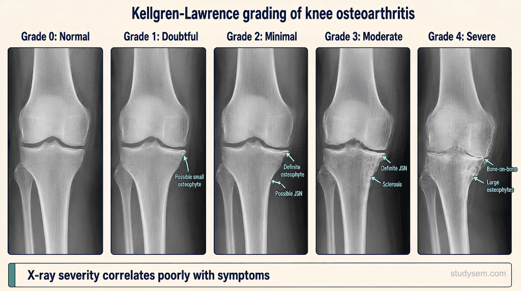 Five-panel weight-bearing AP knee radiograph series demonstrating the Kellgren-Lawrence osteoarthritis grading system: grade 0 (normal); grade 1 (doubtful joint space narrowing with possible osteophyte); grade 2 (definite osteophyte with possible joint space narrowing); grade 3 (definite joint space narrowing, some sclerosis, possible deformity); grade 4 (marked joint space narrowing, large osteophytes, severe sclerosis, definite deformity).