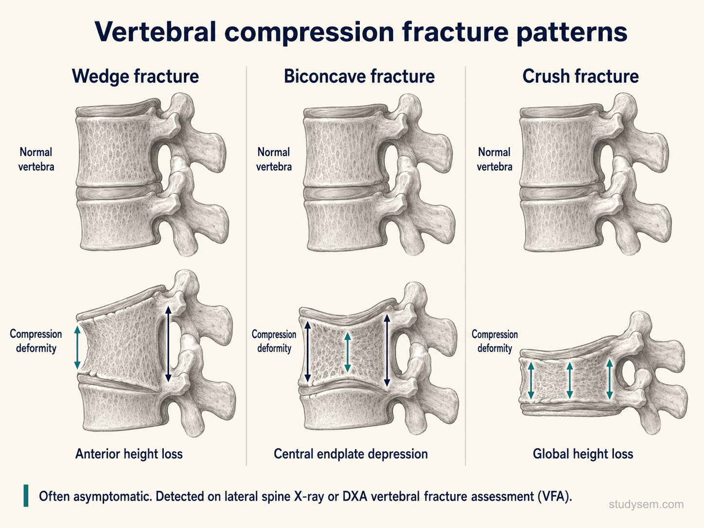 Lateral vertebral schematic comparing the three fragility fracture morphologies: wedge fracture with anterior vertebral height loss and posterior height preservation; biconcave fracture with central endplate depression; and crush fracture with global height loss across the vertebral body
