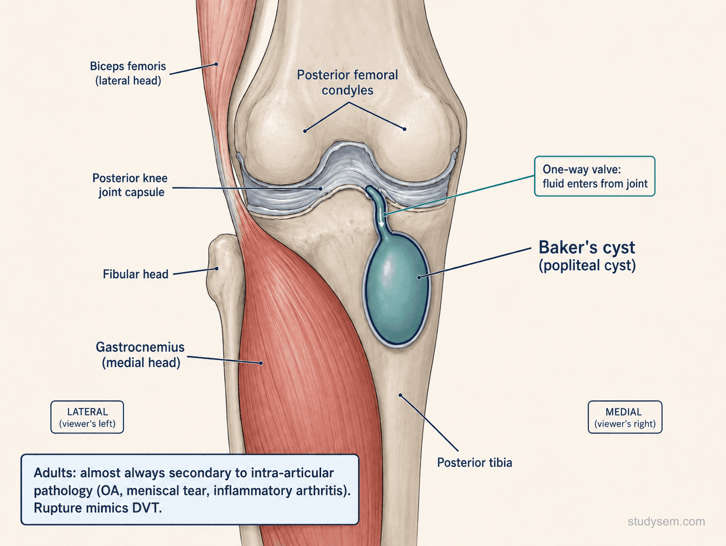 Posterior view of knee showing Baker's cyst between gastrocnemius and semimembranosus communicating with the knee joint