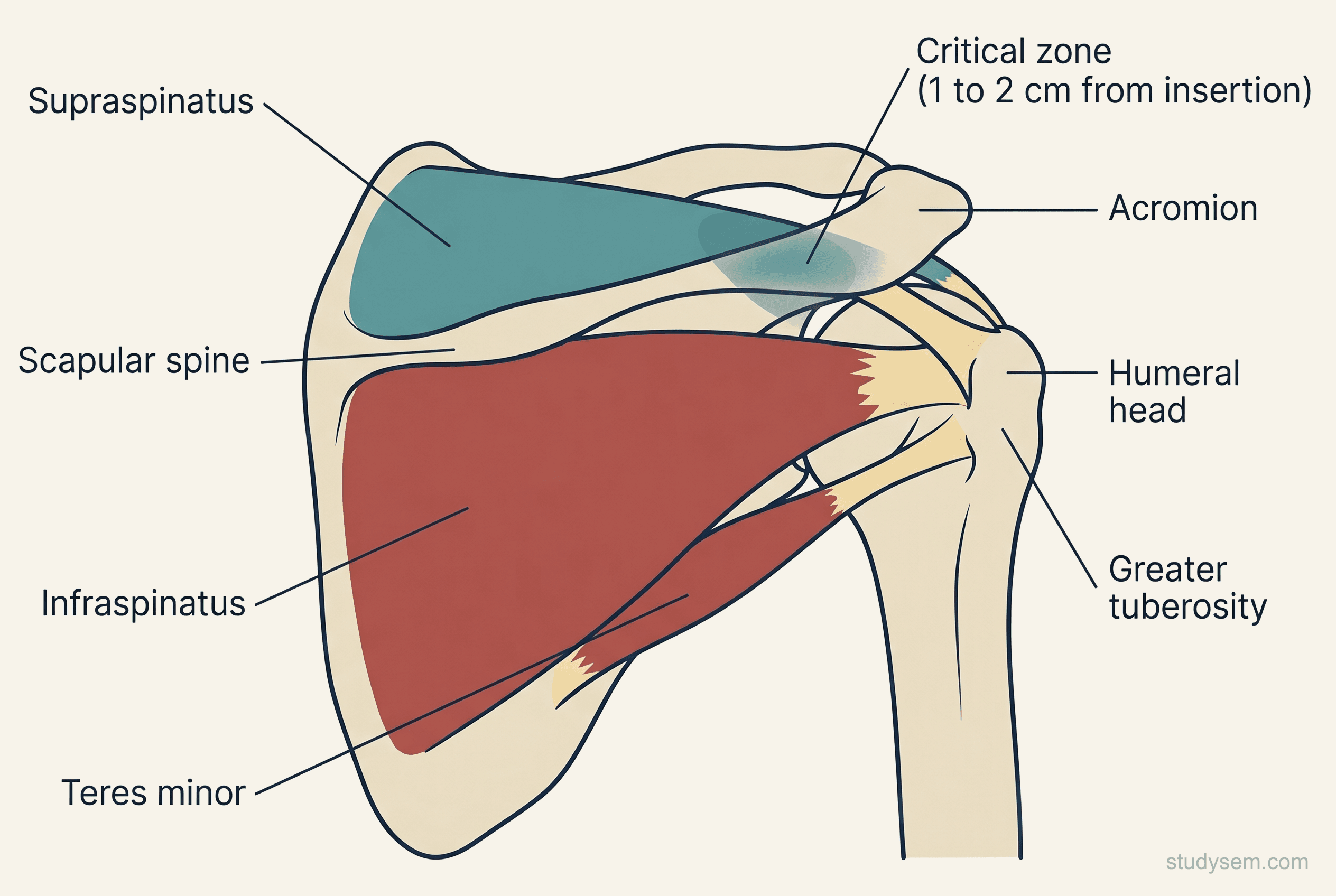 Posterior view of the rotator cuff showing the supraspinatus, infraspinatus, and teres minor muscles, with the supraspinatus critical zone marked 1 to 2 cm from its insertion at the greater tuberosity