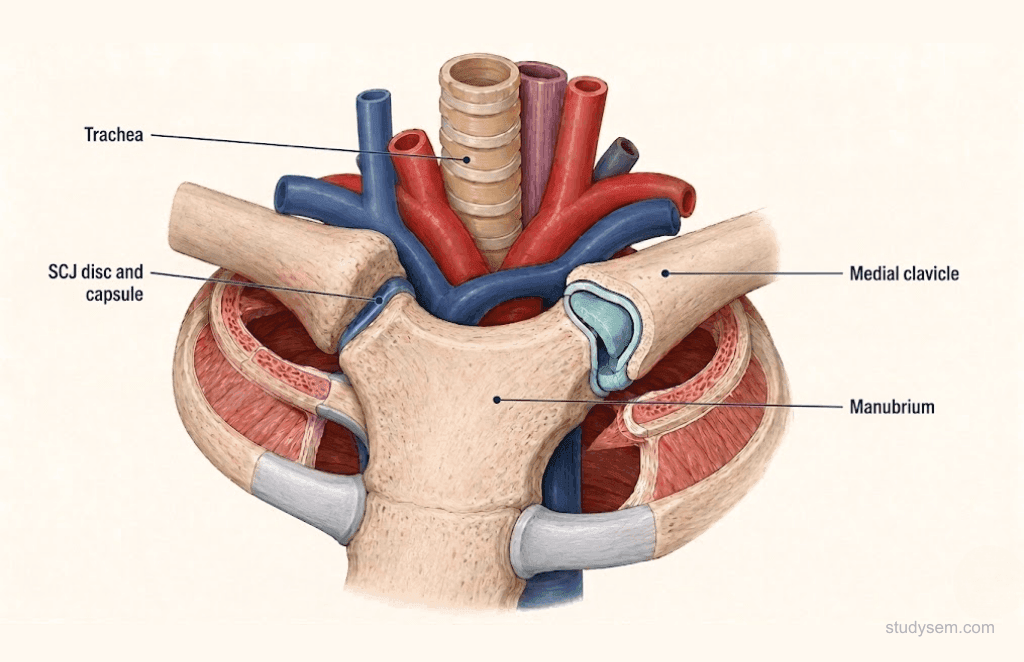 Cross-sectional anatomy of the sternoclavicular joint showing the brachiocephalic vein, trachea, and oesophagus lying directly posterior.
