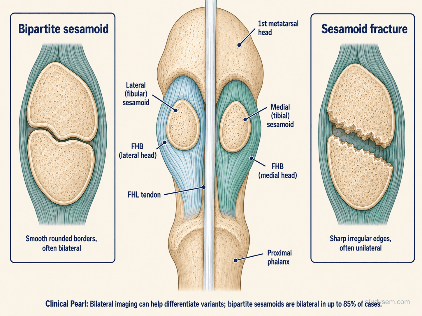 Plantar view of the first MTP sesamoid anatomy comparing a bipartite sesamoid (smooth corticated borders, often bilateral) with an acute sesamoid fracture (sharp irregular fracture edges)