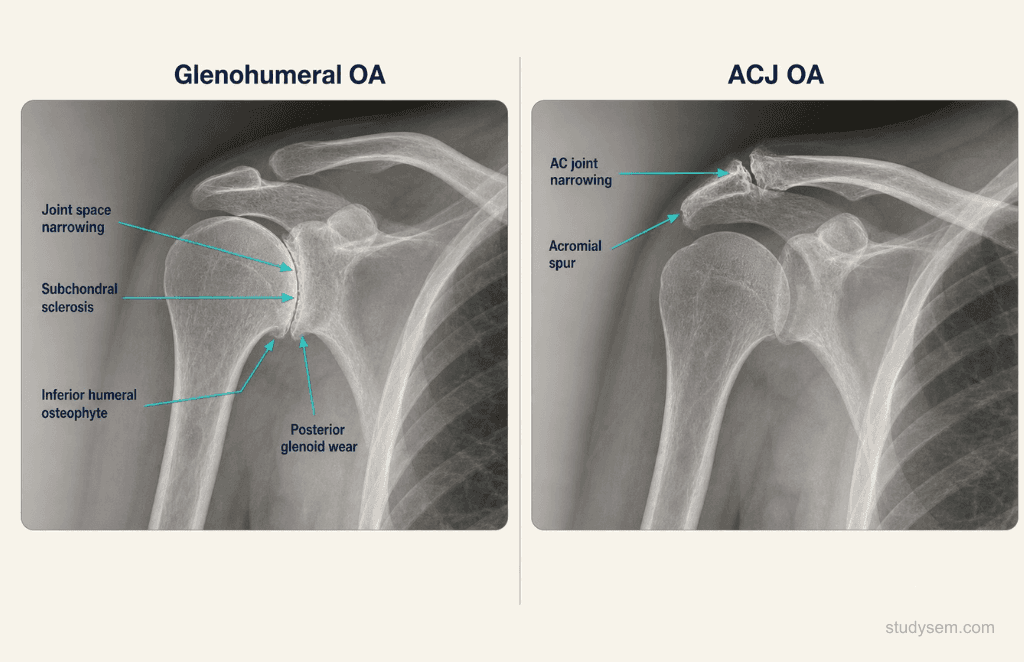Comparison of glenohumeral osteoarthritis and acromioclavicular joint osteoarthritis on shoulder radiograph with annotated features.