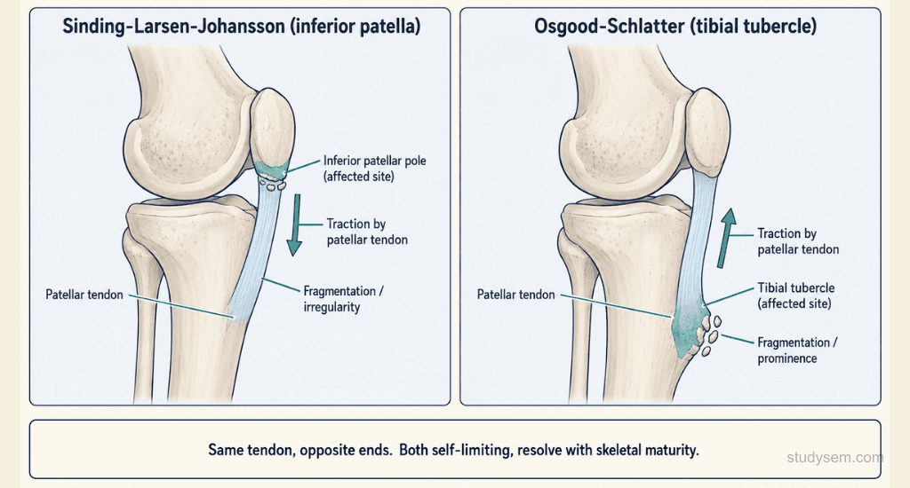 Side-by-side lateral knee diagrams comparing Sinding-Larsen-Johansson at the inferior patella with Osgood-Schlatter at the tibial tubercle