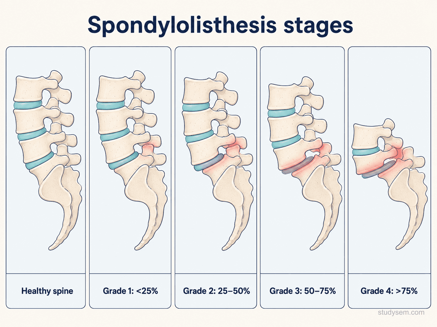 Meyerding classification of spondylolisthesis showing Grade I through V with slip percentages and conservative versus surgical management thresholds
