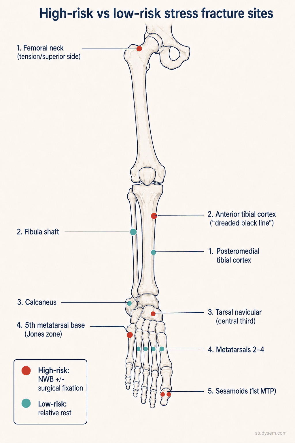 Lower limb diagram showing high-risk stress fracture sites in red (anterior tibial cortex, navicular, 5th metatarsal base, femoral neck tension side, sesamoids) and low-risk sites in teal (posteromedial tibia, fibula, calcaneus, metatarsals 2 to 4)