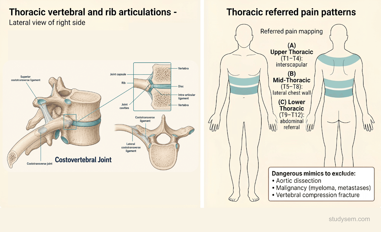 Thoracic spine anatomy showing the costovertebral and costotransverse joints, with characteristic referred pain patterns to the anterior chest wall and abdominal wall that can mimic cardiac, pleuritic, or visceral pathology