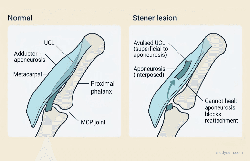 Two-panel comparison showing normal thumb UCL anatomy versus Stener lesion where the avulsed UCL is displaced proximal to the adductor aponeurosis preventing healing.