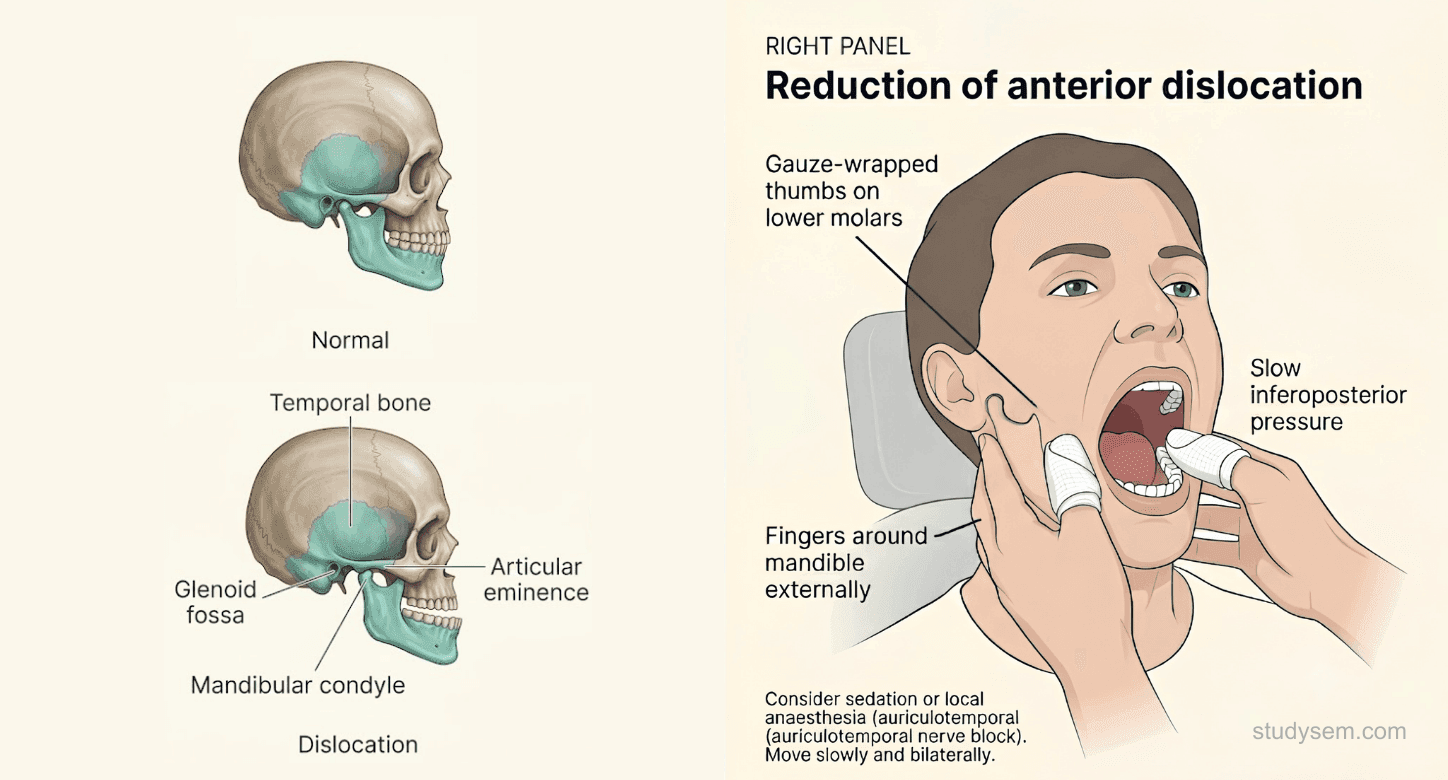 Sagittal TMJ anatomy showing the condyle, glenoid fossa, articular disc, superior and inferior compartments, and articular eminence, paired with a diagram of the reduction technique for anterior dislocation - gauze-wrapped thumbs on the lower molars with slow inferoposterior pressure to disengage the condyle from above the eminence and walk it back into the fossa