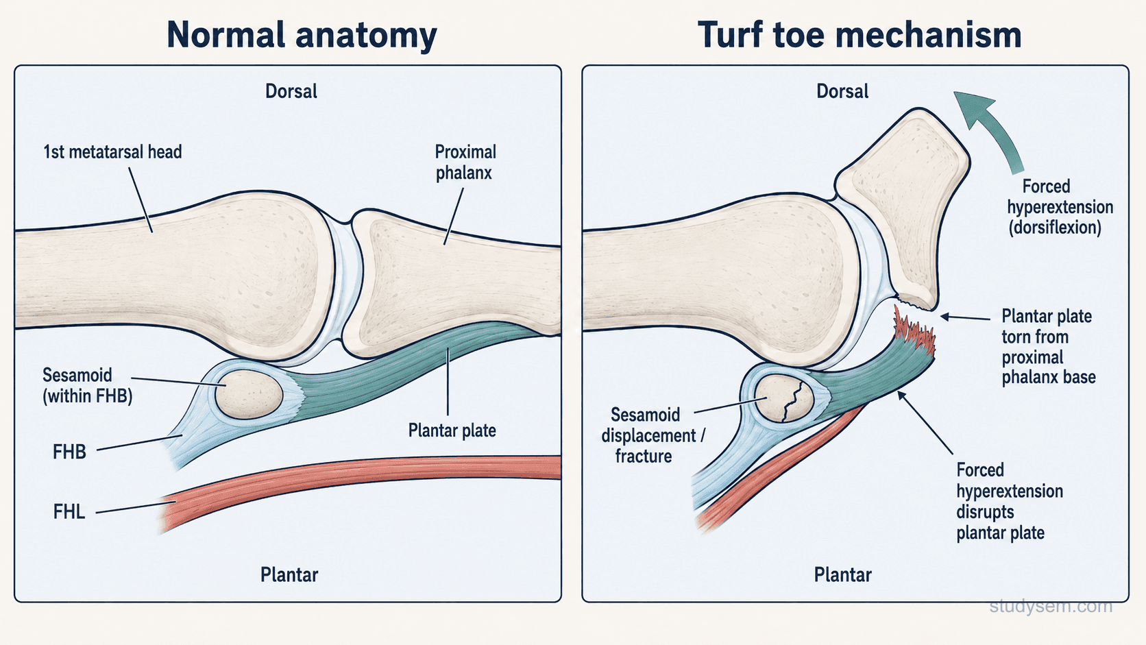 Two-panel sagittal diagram of the 1st MTP joint showing normal plantar plate anatomy with sesamoids on the left and turf toe mechanism with forced hyperextension disrupting the plantar plate on the right
