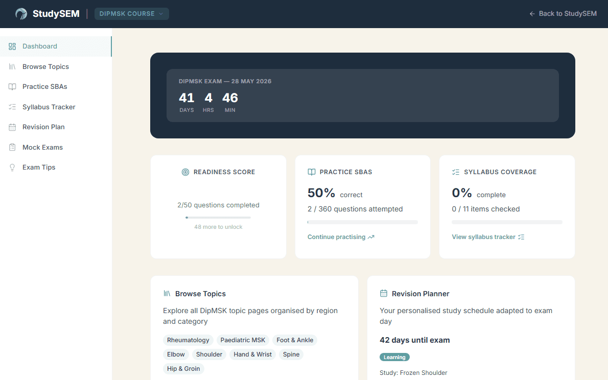 DipMSK course dashboard with exam countdown and progress tracking