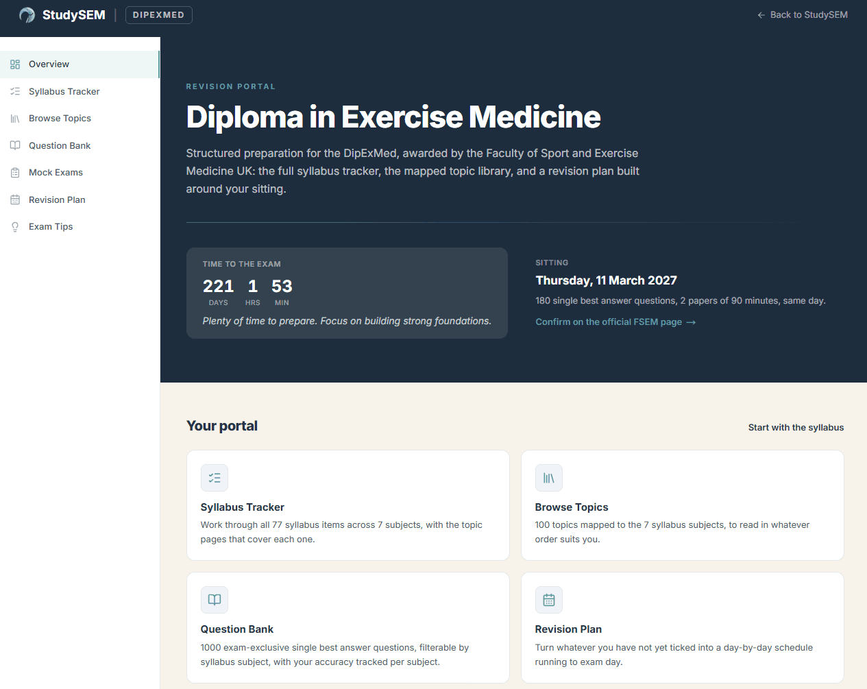 DipExMed course portal overview with exam countdown, syllabus progress and practice stats