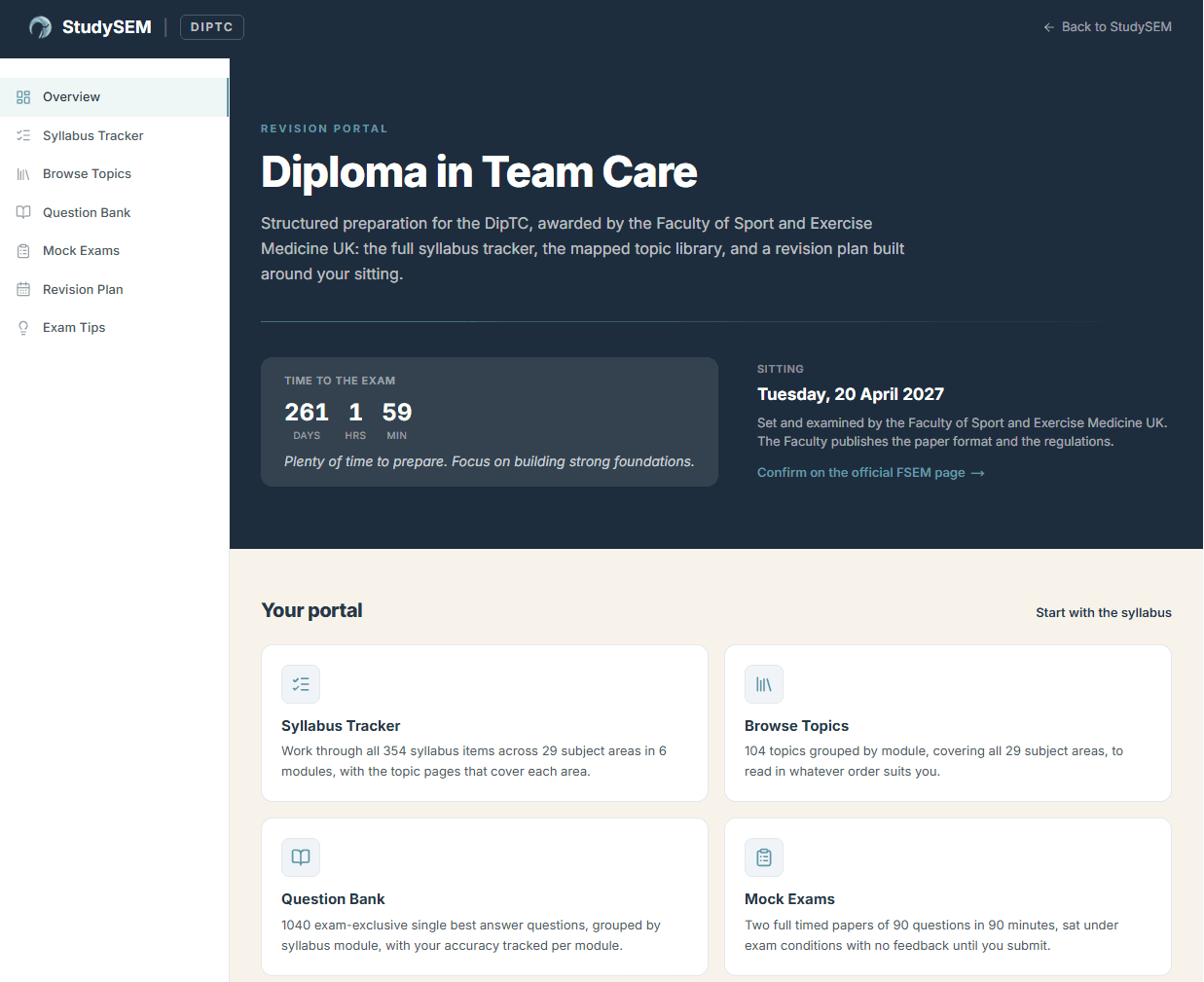 DipTC course portal overview with exam countdown, syllabus progress and practice stats