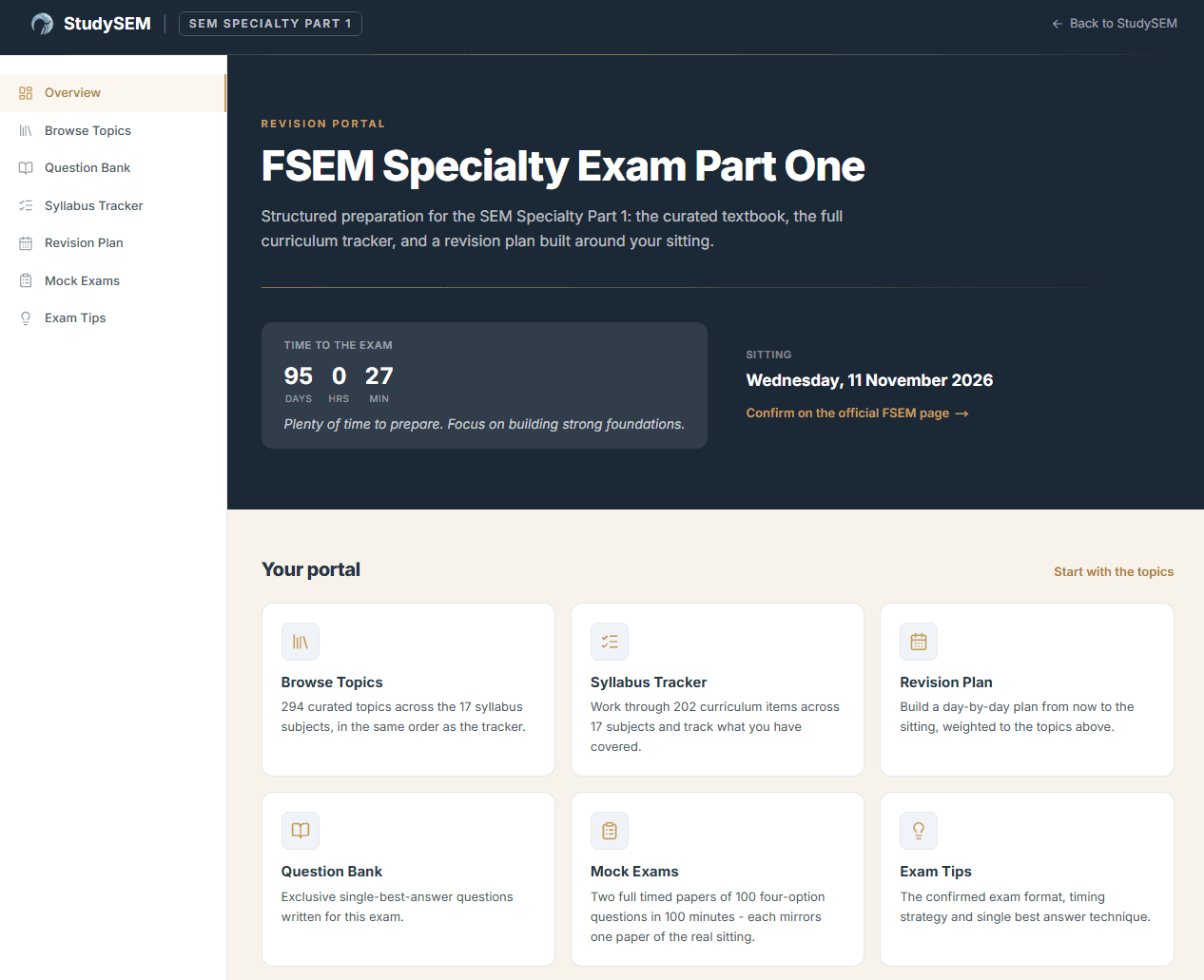 SEM Part 1 portal overview with the countdown to the sitting and cards for browse topics, syllabus tracker, revision plan, question bank, mock exams and exam tips