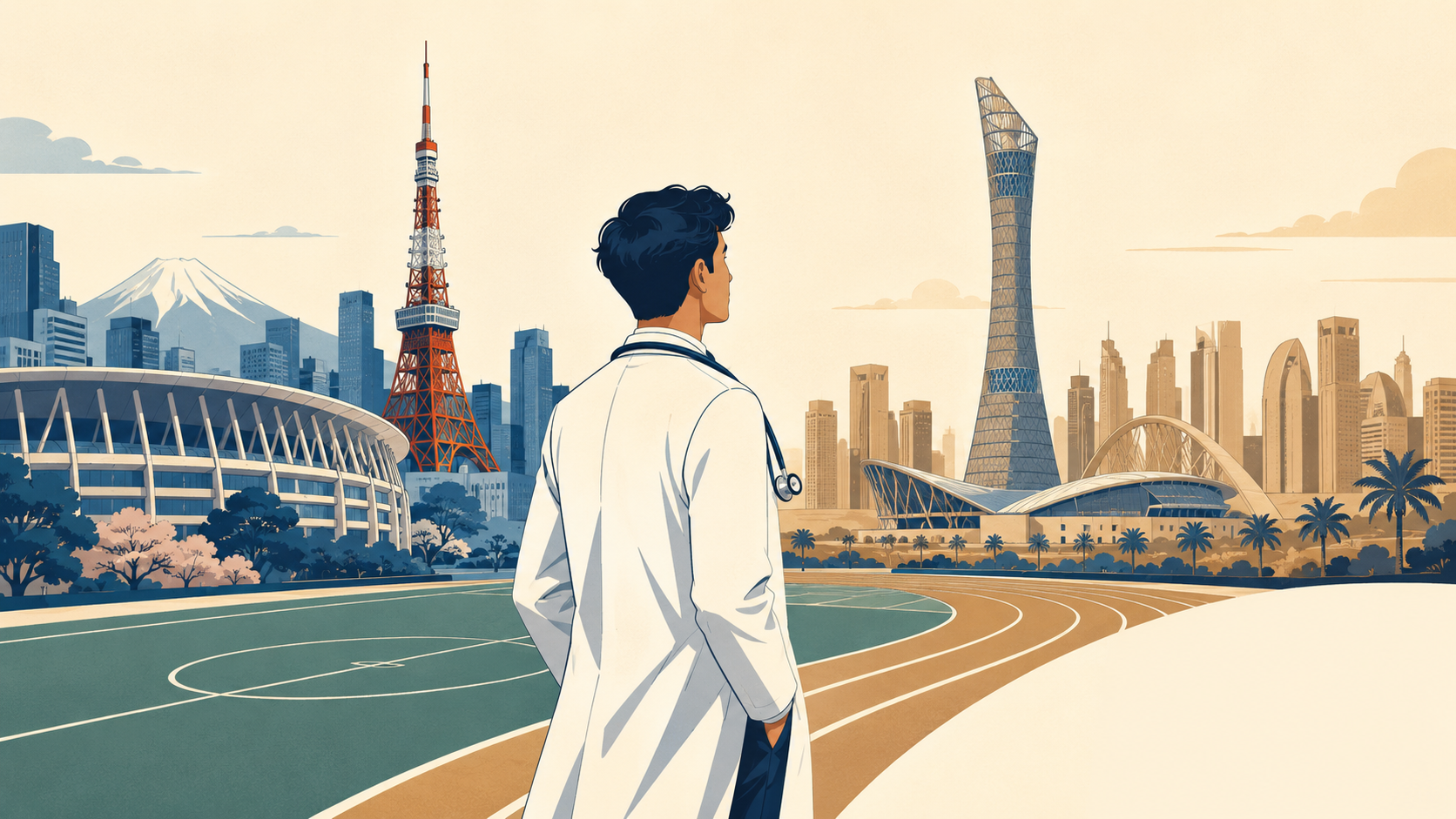 Illustration of a young doctor looking out across a split cityscape of Tokyo and Doha, representing the international journey into sport and exercise medicine