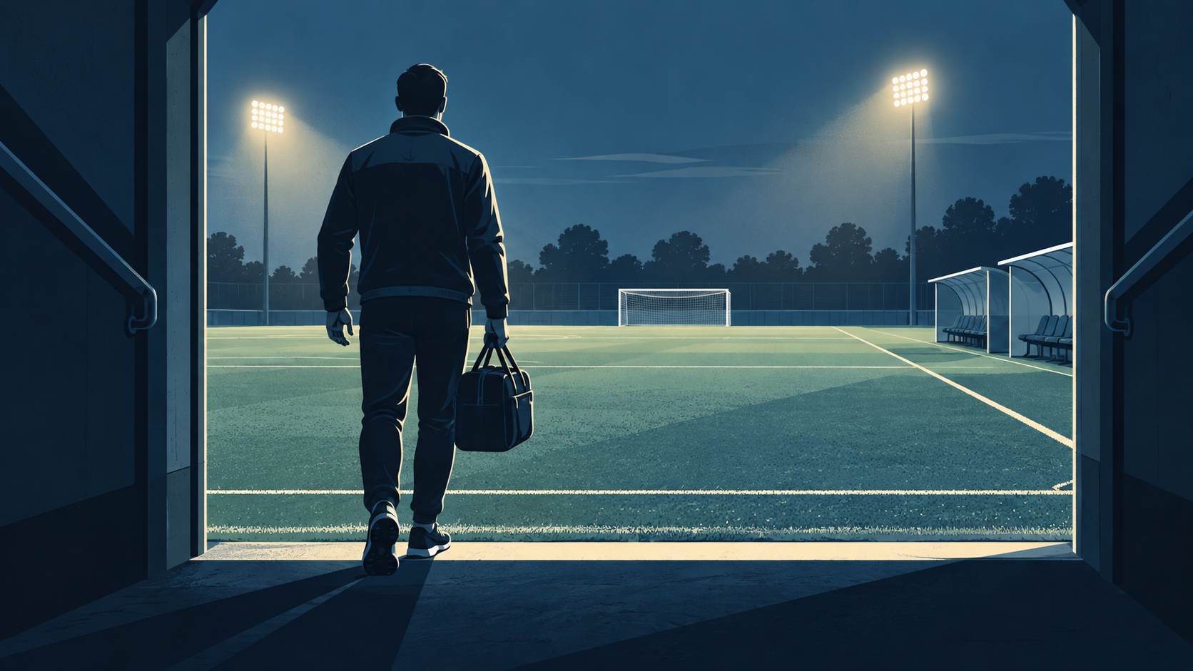 Illustration of a clinician stepping out of a players' tunnel onto a floodlit academy football pitch