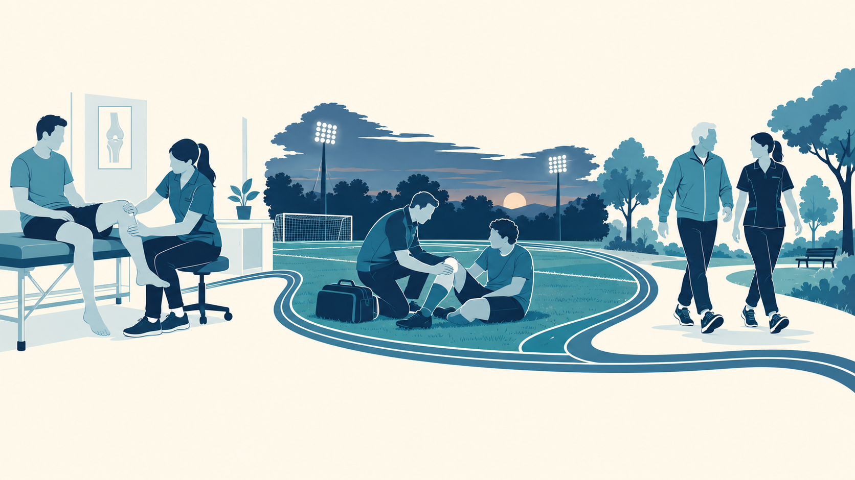 Illustration of the 3 areas of sport and exercise medicine: a clinician examining a patient's knee, pitchside care at a football match, and an older adult walking with a clinician.