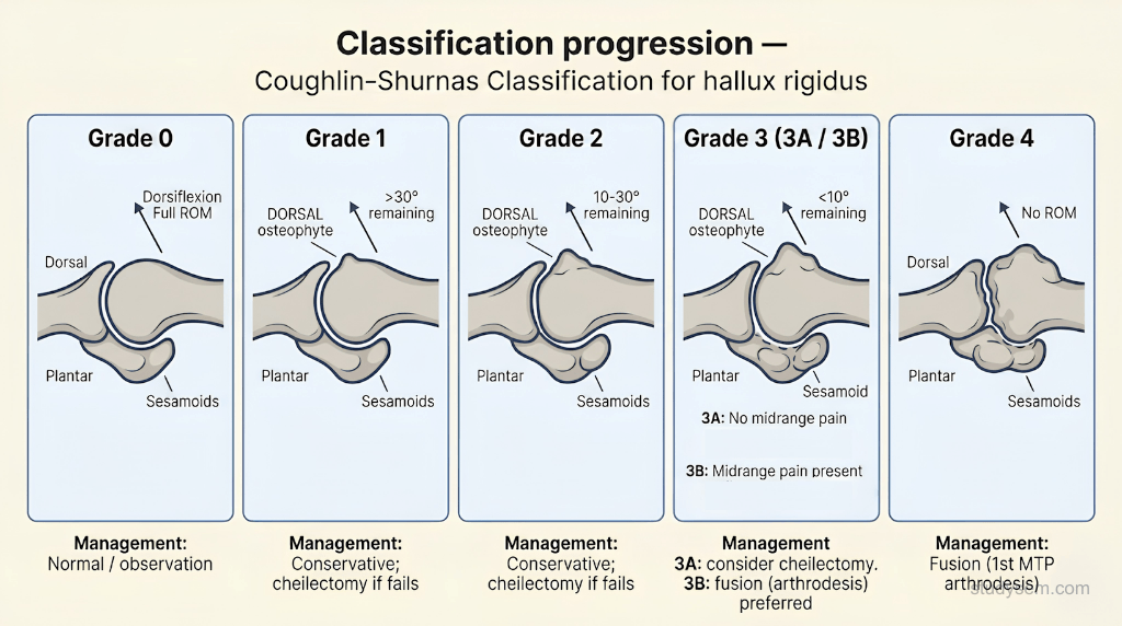 Coughlin-Shurnas classification of hallux rigidus showing progressive 1st MTP joint changes from Grade 0 normal through Grade 4 end-stage with dorsal osteophytes joint space narrowing and management implications at each stage