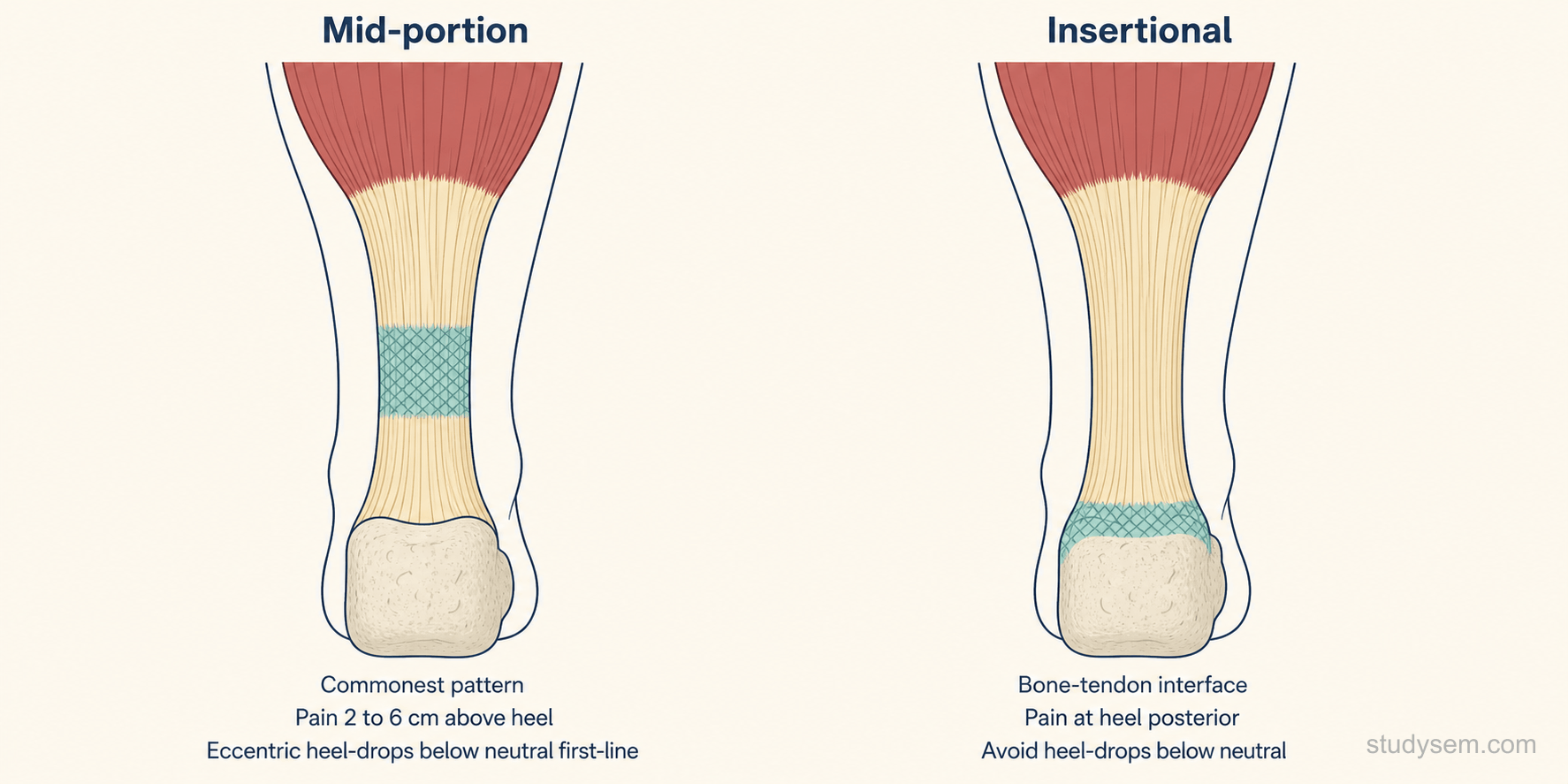 Side-by-side comparison of mid-portion Achilles tendinopathy showing pathology 2 to 6 cm above the calcaneal insertion, versus insertional Achilles tendinopathy showing pathology at the bone-tendon interface at the calcaneal insertion.
