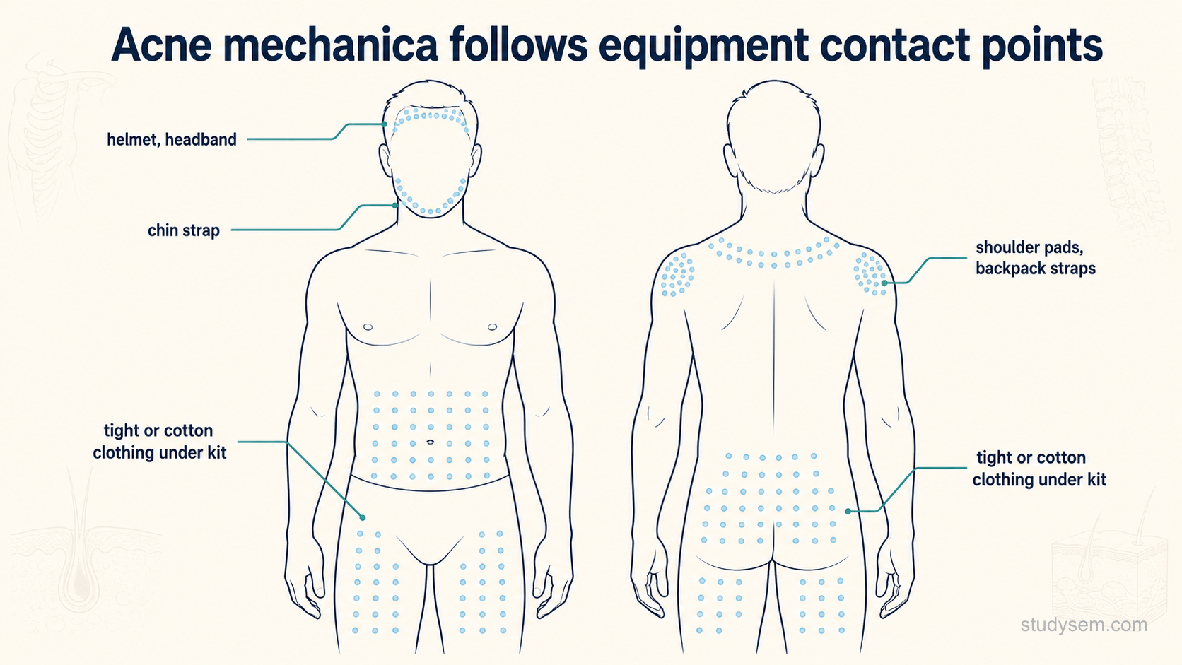 A clean diagram on a cream background titled 'Acne mechanica follows equipment contact points', showing a simple figure with neat call-outs to the contact areas: forehead and hairline 'helmet, headband', jaw and chin 'chin strap', shoulders and upper back 'shoulder pads, backpack straps', trunk and thighs 'tight or cotton clothing under kit'. Understated engraving style at low opacity, cream background.