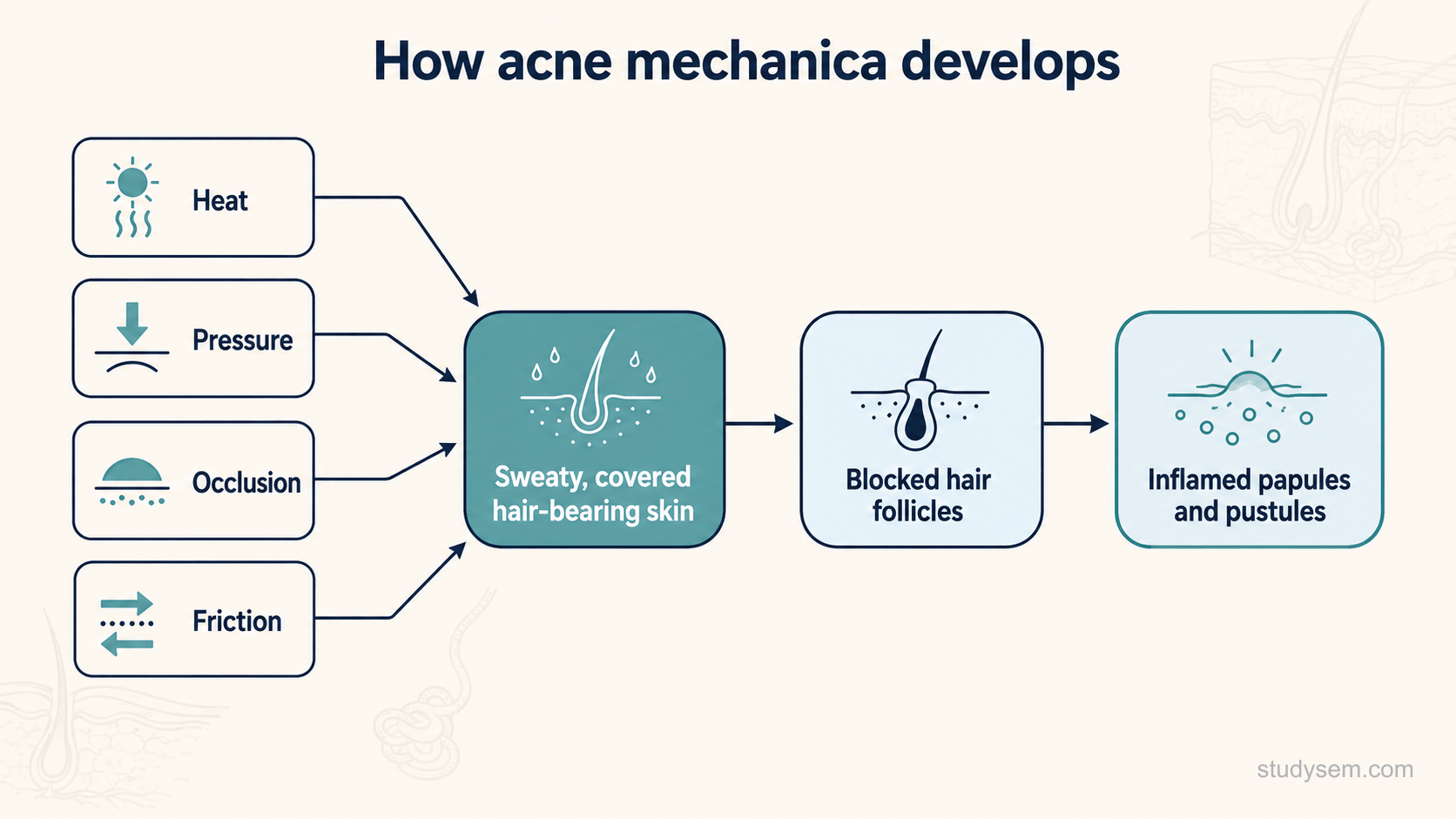 A clean process diagram on a cream background titled 'How acne mechanica develops'. Four labelled inputs on the left, 'heat', 'pressure', 'occlusion', 'friction', converge with an arrow to a central step 'sweaty, covered hair-bearing skin', then an arrow to 'blocked hair follicles', then to 'inflamed papules and pustules'. Clean flat icons, brand navy and teal with a gold accent, no photographic detail.
