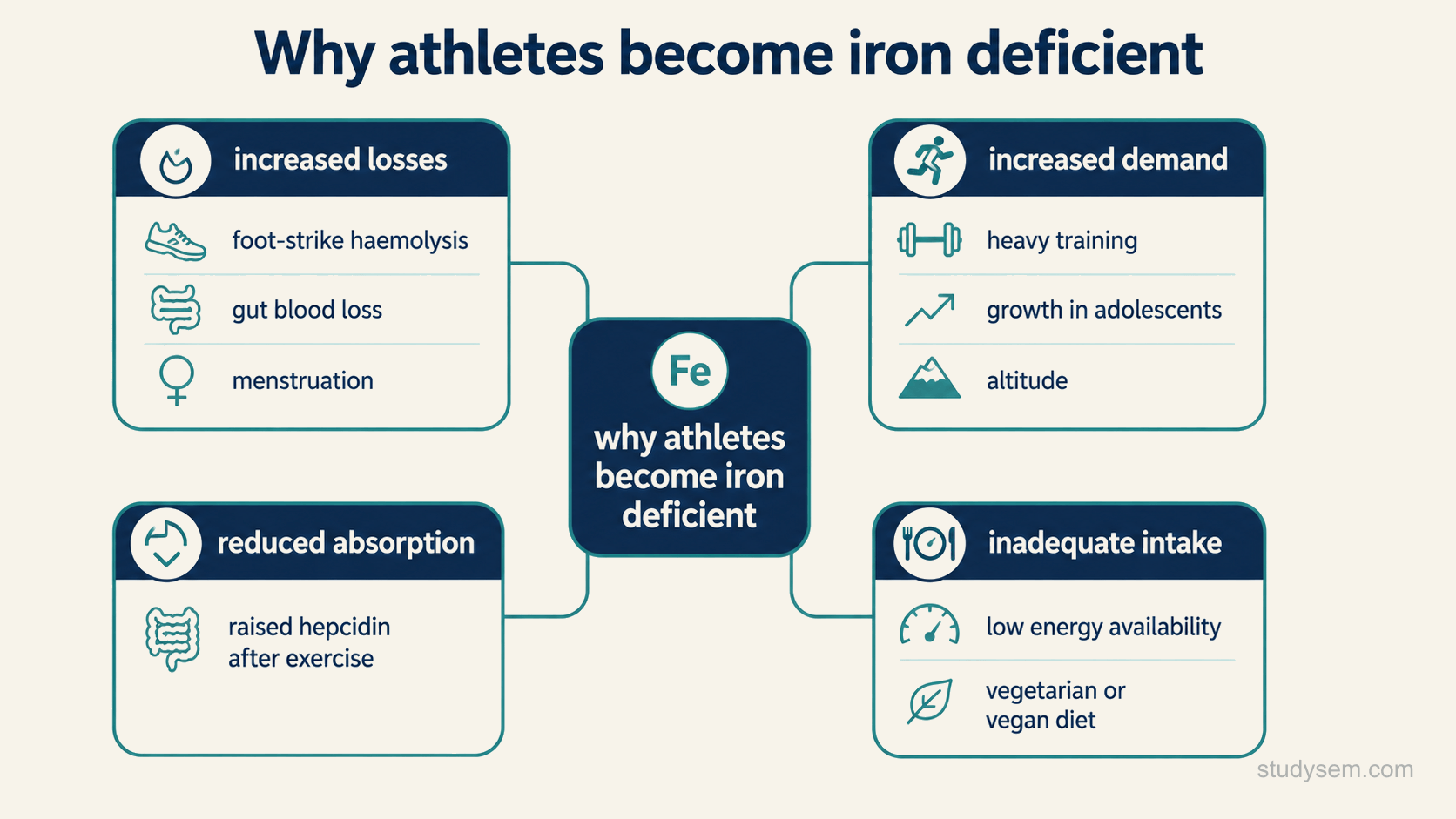 A four-group figure showing why athletes become iron deficient: increased losses, including foot-strike haemolysis, gut blood loss and menstruation; increased demand, including heavy training, growth in adolescents and altitude; reduced absorption from raised hepcidin after exercise; and inadequate intake, including low energy availability and a vegetarian or vegan diet.