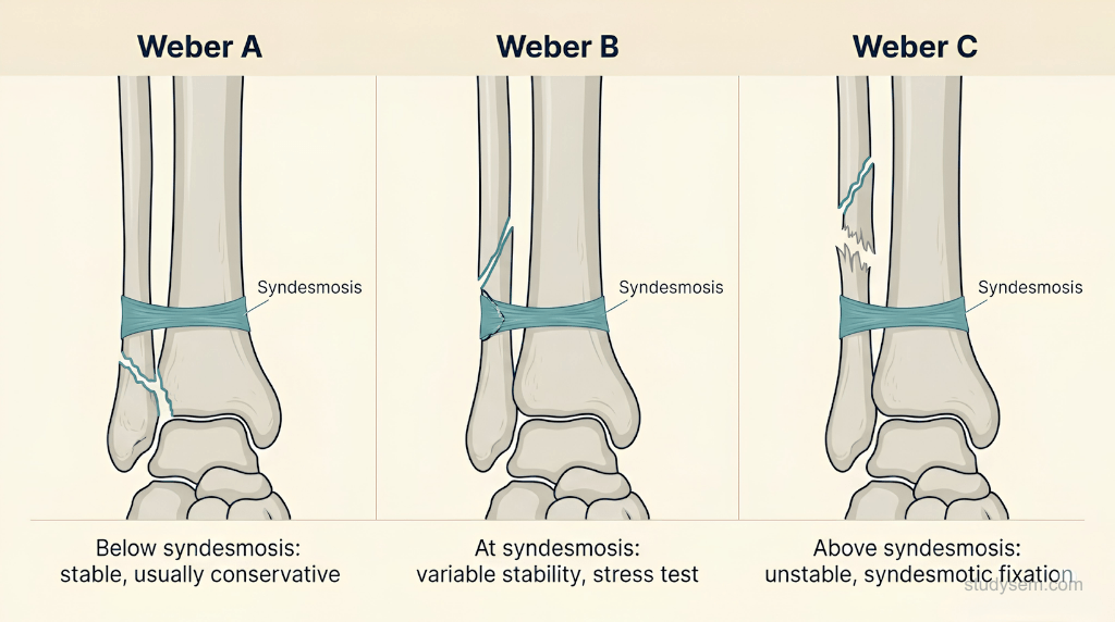 Weber classification diagram showing fibula fracture levels A below the syndesmosis, B at the syndesmosis, and C above the syndesmosis, with implications for syndesmotic disruption and mortise stability