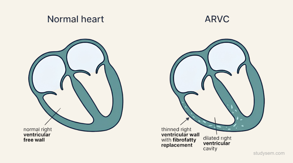 Schematic comparing a normal heart with arrhythmogenic right ventricular cardiomyopathy: the normal heart has a normal right ventricular free wall, while the ARVC heart shows a thinned right ventricular wall with patchy fibrofatty replacement and a dilated right ventricular cavity.