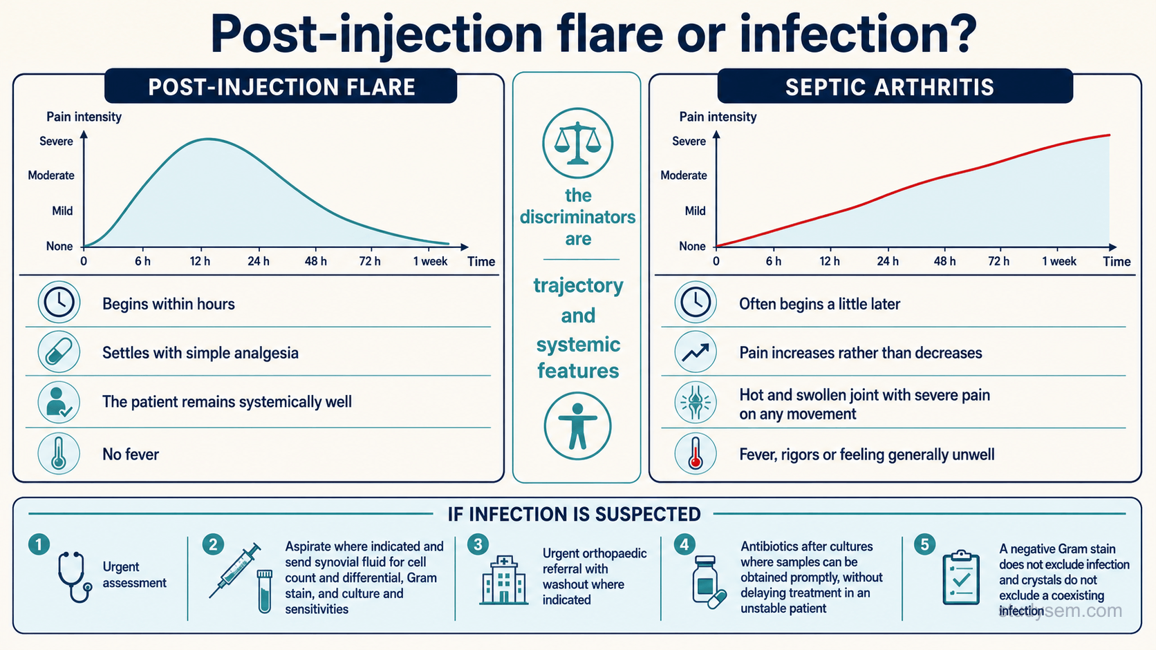 An educational figure titled 'Post-injection flare or infection?'. Two clearly separated bordered columns compare the two, using a simple line graph at the top of each showing pain intensity against time. The left column, headed 'post-injection flare', shows a curve rising within hours, peaking within the first day or two and then falling, with features listed beneath: begins within hours; settles with simple analgesia; the patient remains systemically well; no fever. The right column, headed 'septic arthritis', shows a curve that continues to rise, with features listed beneath: often begins a little later; pain increases rather than decreases; hot and swollen joint with severe pain on any movement; fever, rigors or feeling generally unwell. A central vertical divider is labelled 'the discriminators are trajectory and systemic features'. A full-width footer strip headed 'if infection is suspected' lists as short steps: urgent assessment; aspirate where indicated and send synovial fluid for cell count and differential, Gram stain, culture and sensitivities, and crystal analysis, with blood cultures in a systemically unwell patient where this does not delay treatment; urgent orthopaedic referral with washout where indicated; antibiotics after cultures where samples can be obtained promptly, without delaying treatment in an unstable patient; and note that a negative Gram stain does not exclude infection and crystals do not exclude a coexisting infection. Navy headers, teal accents, pale blue fills on cream, red accent only on the escalating curve.
